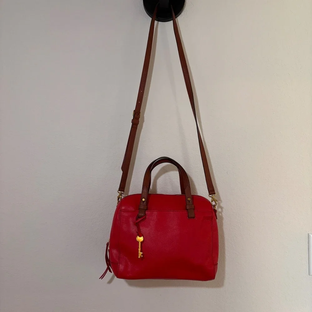 Fossil Satchel Rachel Medium Pebbled Leather Red Classic Preppy Crossbody Bag